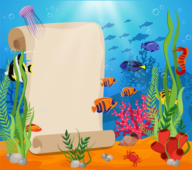 Marine life composition with white sheet for text and fish crabs algae and underwater world around