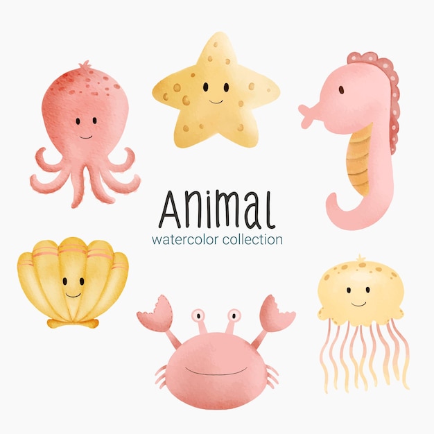 Free vector marine life cute element animal life in under sea underwater animal creature and fish