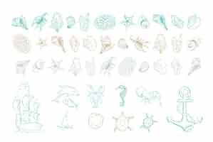 Free vector marine line art icons, ocean and sea beach shells