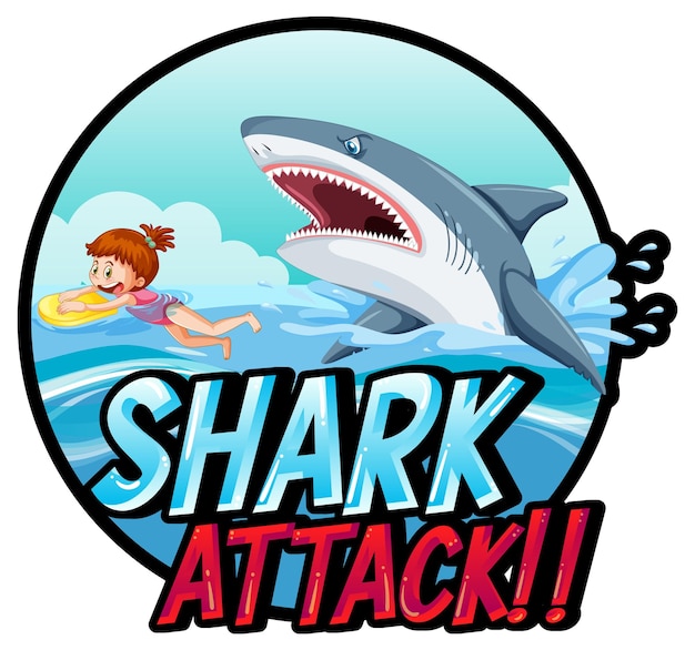 大きなヨシキリザメとサメによる攻撃のテキストが付いたマリンロゴ