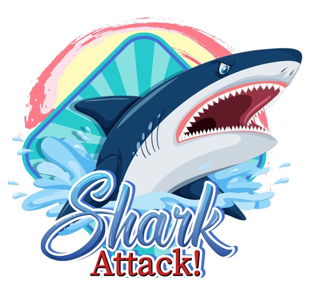 A Marine logo with big blue shark and Shark attack text