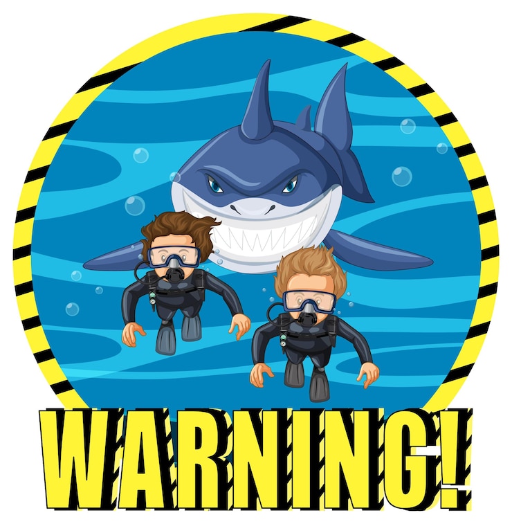 Free Vector a marine logo with big blue shark and warning text