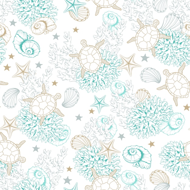 Бесплатное векторное изображение Морской узор фона, морские раковины линии искусства