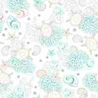 Free vector marine pattern background, sea shells line art