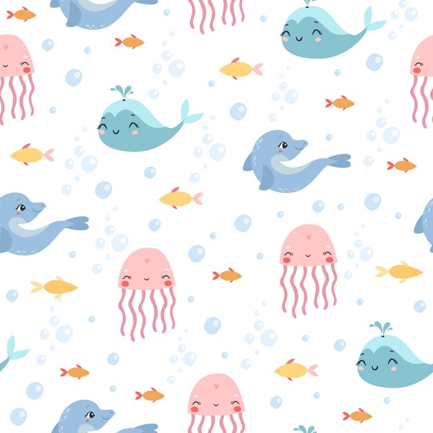 marine pattern. jellyfish, dolphin, whale