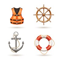 marine realistic icons set with anchor life buoy life jacket and helm 