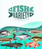 Free vector marine and river fish variety underwater with sea weeds on turquoise