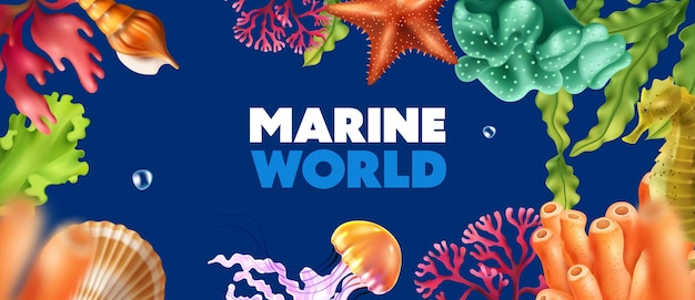 Free vector marine world realistic colorful background with undersea fauna and flora inhabitants vector illustration