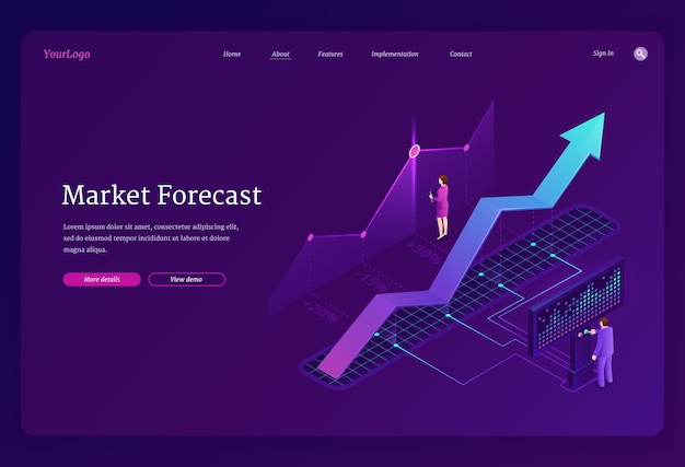 Free vector market forecast banner. economy analysis, financial strategy, research business opportunities. vector landing page with isometric illustration of charts, growth graph and people