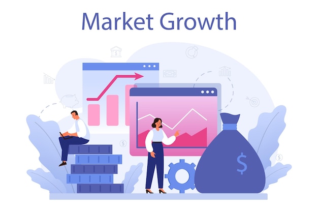 Concetto di crescita del mercato progresso aziendale espansione aziendale idea di promozione aziendale per un nuovo mercato aumento finanziario e successo aziendale illustrazione vettoriale piatta