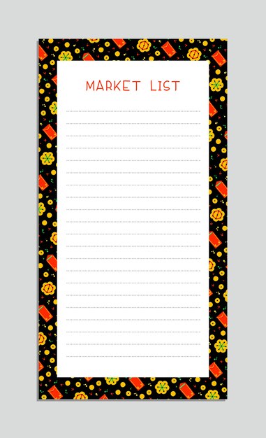 Market list. chinese lanterns, golden coins, red envelopes and fireworks. notepad checklist layout