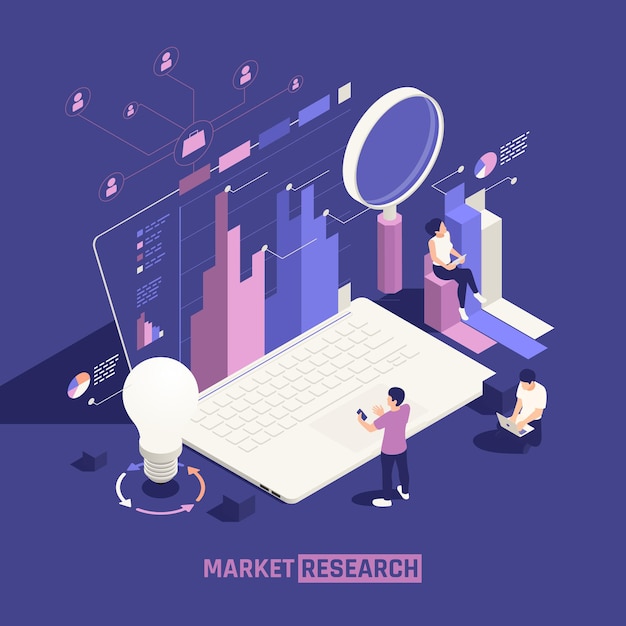 Poster isometrico per ricerche di mercato con grafici a lente d'ingrandimento della lampadina e profili di account utente di rete