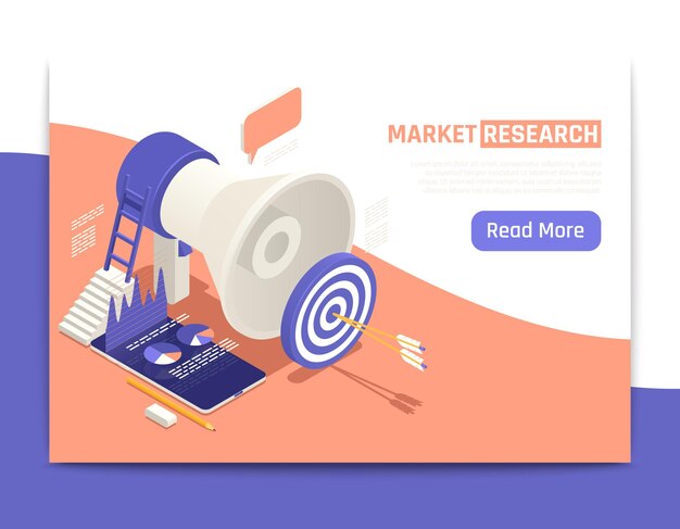 Market research isometric web banner with big loudspeaker and arrows in the center of target