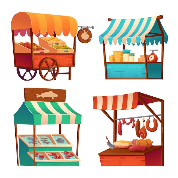 Бесплатное векторное изображение Рыночные прилавки, ярмарочные киоски, деревянный киоск с полосатым навесом и продукты питания