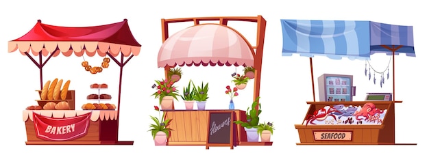 Бесплатное векторное изображение Рыночные прилавки с цветочной выпечкой и морепродуктами