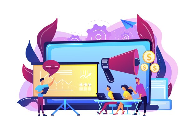 Marketeers learning from fellow professionals at meetup with presentation board. Marketing meetup, sharing experience, marketing expertise concept. Bright vibrant violet  isolated illustration