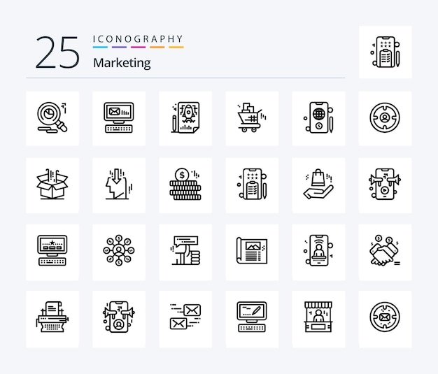 Marketing 25 Line icon pack including dollar mobile pencle shopping marketing