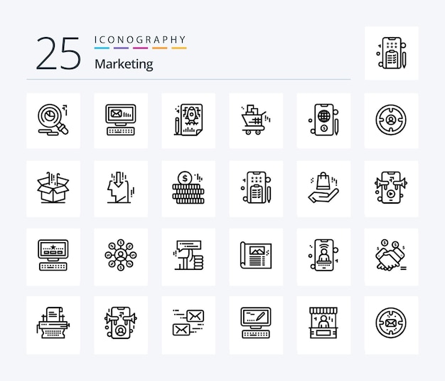 Маркетинговый пакет значков 25 Line, включая маркетинг покупок мобильных карандашей в долларах