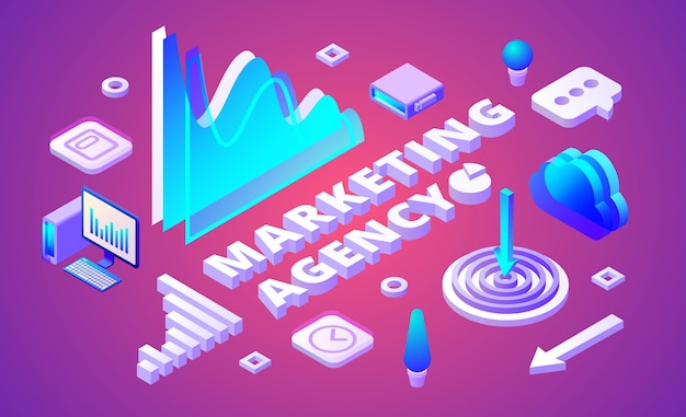 Marketing agency illustration of market research and business symbols