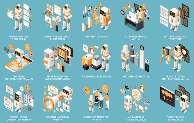 Marketing ai technologies isometric icon set with personalization throught customer service natural language processing chatbots recommendation engines and other descriptions vector illustration