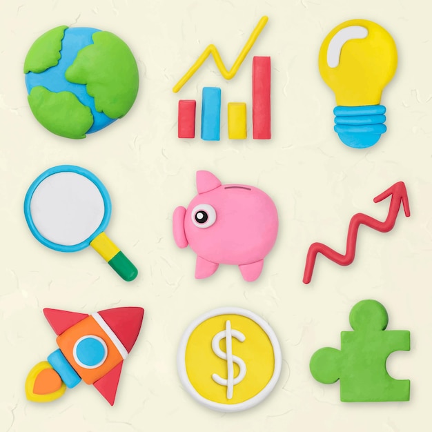Free vector marketing business icon vector creative colorful clay kids graphic set