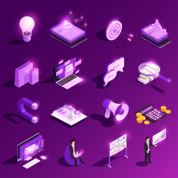 Marketing concept isometric glow icon set and financial pictograms with human characters vector illustration