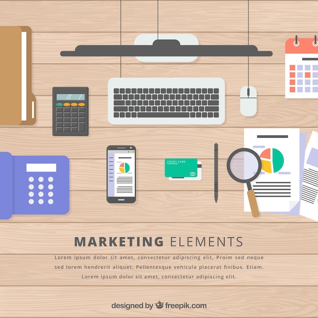 Marketing elements background with top view of workspace