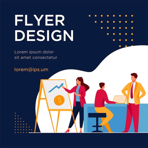 無料ベクター 上司に財務チャートを提示するマーケティングの専門家。オフィスのフラットチラシテンプレートで作業するビジネスチーム