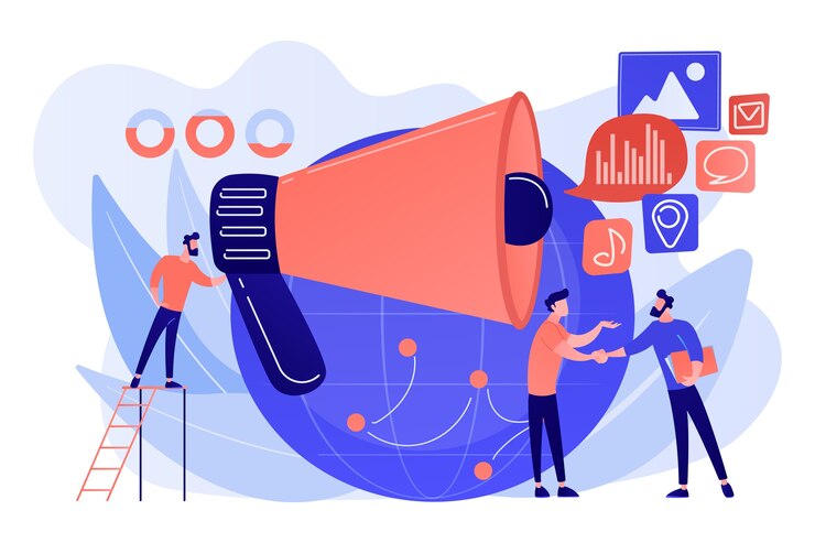 Free Vector marketing specialist with loudspeaker influence businessmen and globe. macromarketing, social influence, global marketing strategy concept illustration