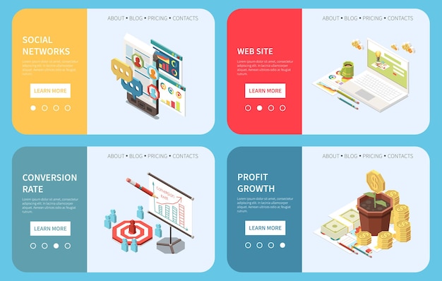 Marketing strategy concept isometric horizontal banners set with learn more buttons page switches