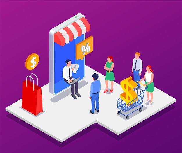 Free vector marketing technologies isometric composition man with loudspeaker advertises store and people come flocking there vector illustration