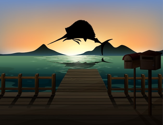 Marlin fish in nature scene silhouette