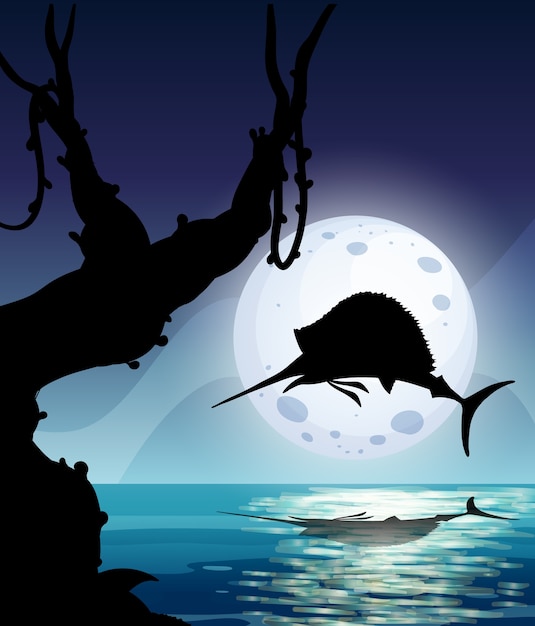 Free vector marlin fish in nature scene silhouette