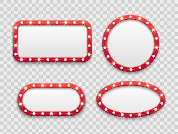 Marquee light frames. vintage round and rectangular cinema and casino empty red signs with bulbs. set