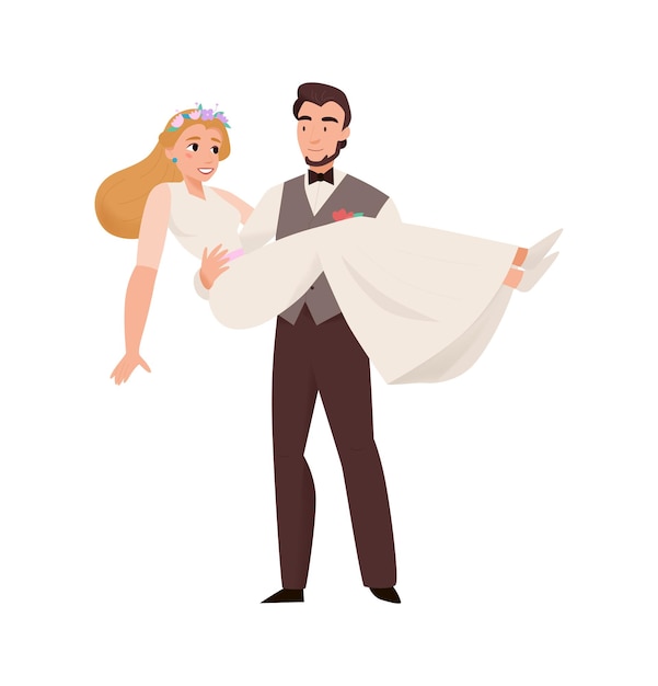 Marriage ceremony wedding day composition with groom holding bride in his arms vector illustration