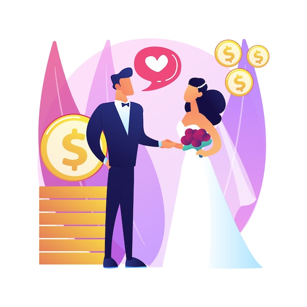 Marriage of convenience abstract concept  illustration. political marriage, financial motivation, old rich husband, wedding rings, dollar banknotes