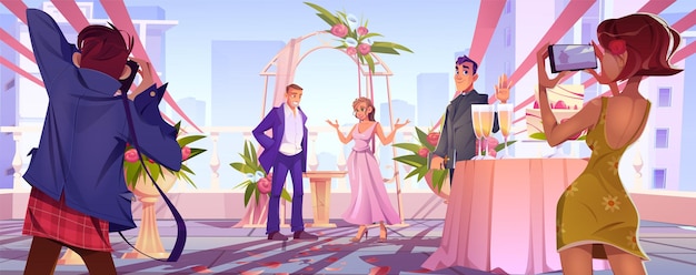 Бесплатное векторное изображение Цветочный декор свадебной сцены и пара мультфильмов