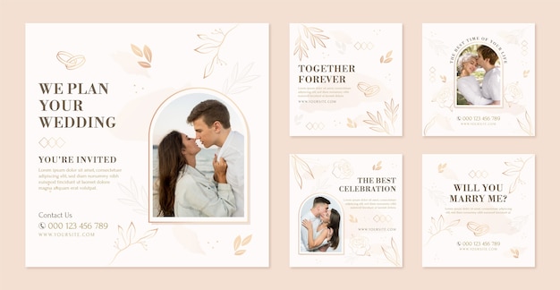 Free vector marriage and wedding instagram posts collection