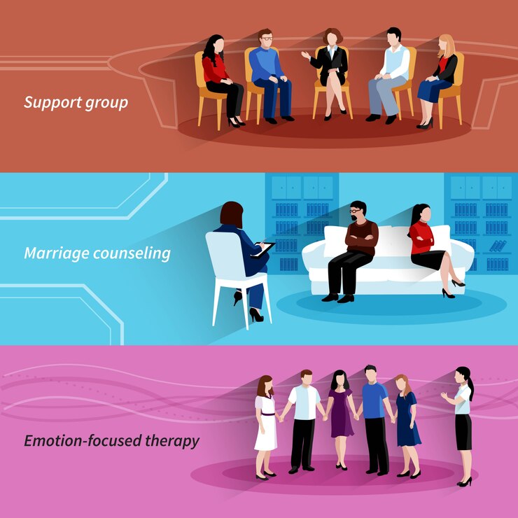 Free Vector marriages and relationship counseling with support group therapy 3 flat horizontal banners set abstract isolated vector illustration