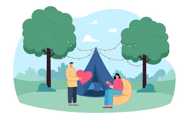 Married couple on camping or glamping trip together. husband and wife resting next to tent in country flat vector illustration. romance, outdoor activity, holiday concept for banner or website design