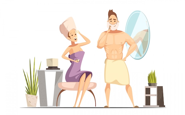 Married couple hygienic hair removal procedure in family bathroom together with wet shaving man cart