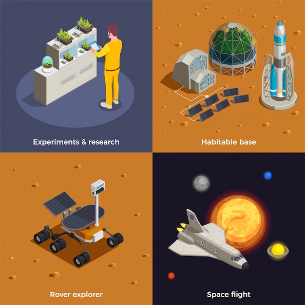 Free vector mars colonization concept set of space flight rover explorer research experiments habitable base isometric compositions