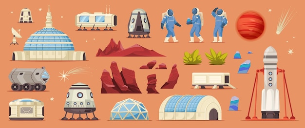 Mars colonization horizontal set of isolated icons with pieces of terrain buildings spacecrafts astronauts in spacesuits vector illustration