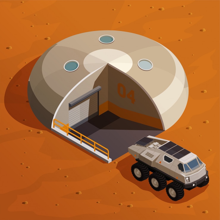 Free Vector mars colonization isometric concept with rover explorer near colony base station on martian landscape