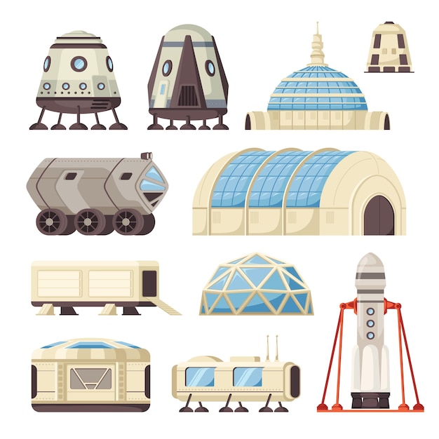 Free vector mars colonization set of isolated icons with landing modules habitat buildings rovers and rocket launch pad vector illustration