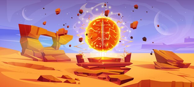 Mars desert planet with portal landscape background in space martian ground surface and magic fireball gate extraterrestrial fantasy eye entrance to parallel universe world scene for 2d videogame