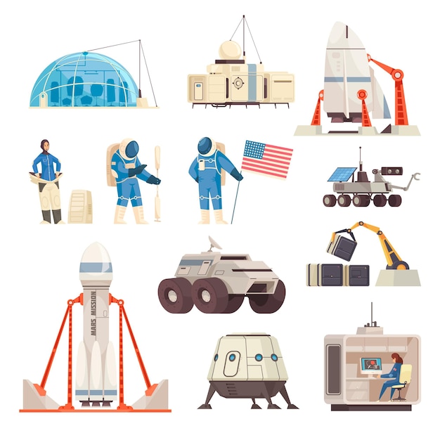 Бесплатное векторное изображение Коллекция плоских икон миссии по исследованию марса с космонавтом космического корабля в скафандре с векторной иллюстрацией марсохода