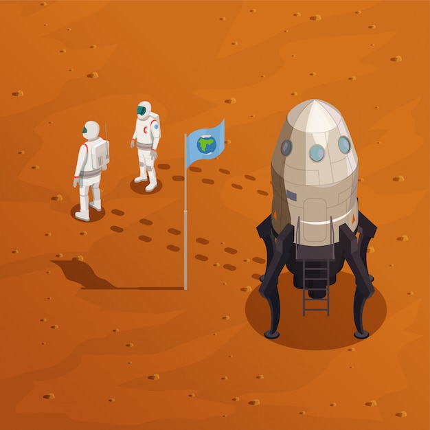 Vettore gratuito concetto di esplorazione di marte con due astronauti in tuta spaziale che cammina sulla superficie del pianeta rosso