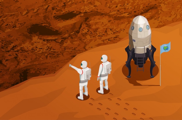 Изометрическая афиша исследования марса с двумя астронавтами у космического корабля, прибывшего на красную планету