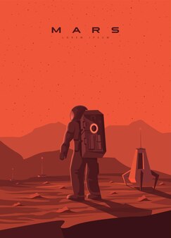 火星​の​イラスト​。​火星​の​風景​、​宇宙​飛行士​は​惑星​に​着陸します​。​植民地化​、​赤い​攻撃的​、​好戦的​な​惑星​火星​。